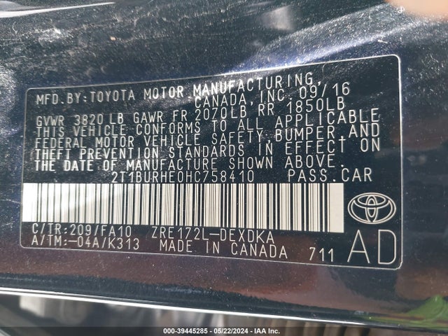 Toyota COROLLA L 2017 2T1BURHE0HC758410 Image 9