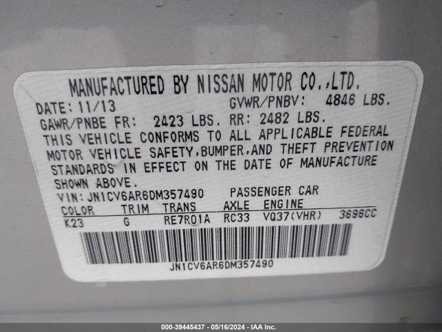 39445437 :رقم المزاد ، JN1CV6AR6DM357490 vin ، 2013 Infiniti G37x مزاد بيع