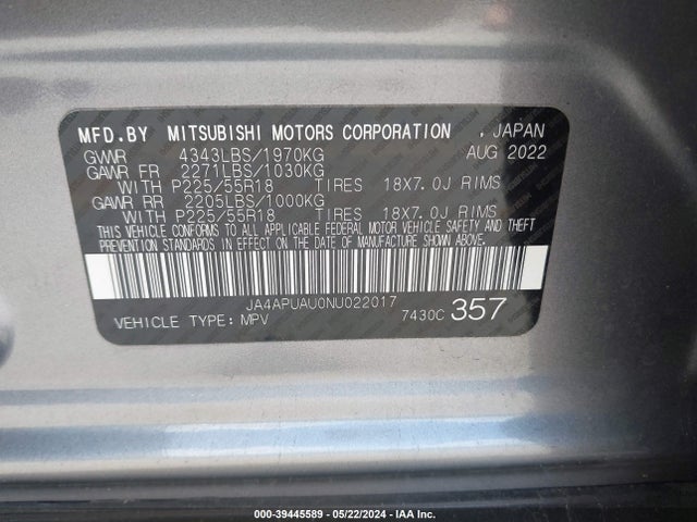 JA4APUAU0NU022017 Mitsubishi Outlander Sport 2.0 Be 2wd/2.0 Es 2wd/2.0 Le 2wd/2.0 S 2wd