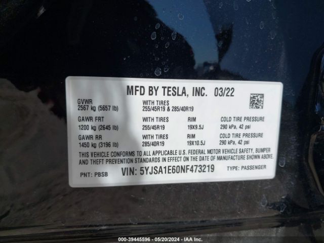 5YJSA1E60NF473219 Tesla Model S Plaid