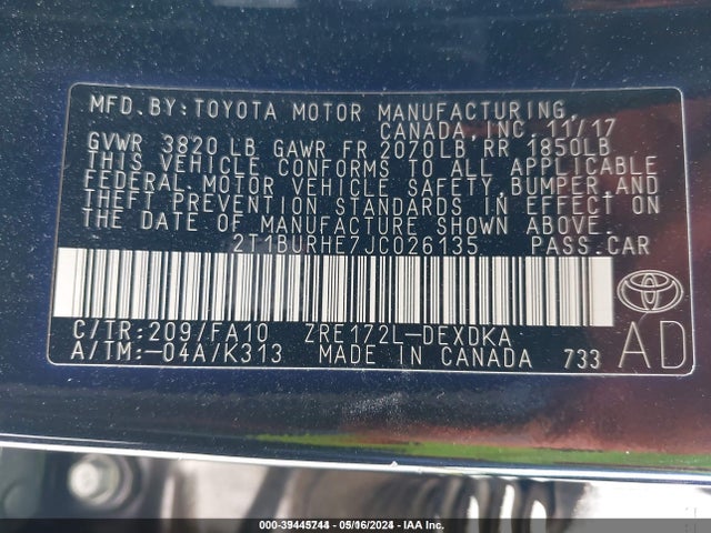 Toyota COROLLA L 2018 2T1BURHE7JC026135 Image 9
