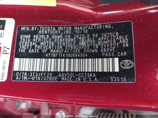 Toyota CAMRY SE 2017 4T1BF1FK1HU684904 Image 9