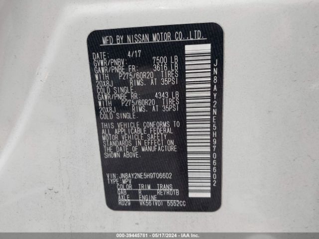 JN8AY2NE5H9706602 Nissan Armada Platinum