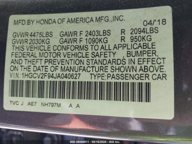 1HGCV2F94JA040627 Honda Accord Touring 2.0t