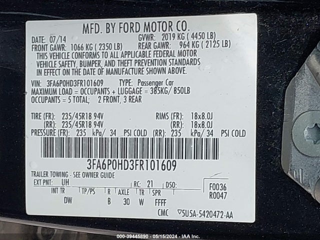 Ford FUSION SE 2015 3FA6P0HD3FR101609 Image 9