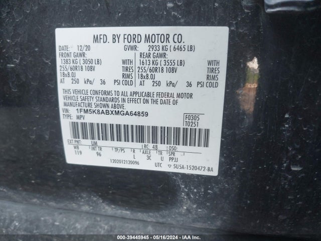 Ford Police Interceptor Utility 2021 1FM5K8ABXMGA64859 Image 9