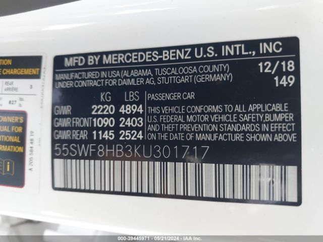 55SWF8HB3KU301717 Mercedes-Benz Amg C 63 S