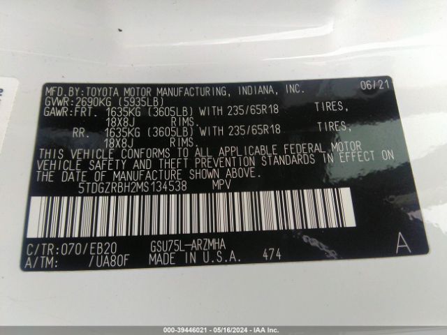 5TDGZRBH2MS134538 Toyota Highlander Xle