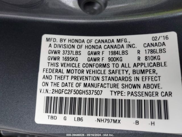 2HGFC2F50GH537507 Honda Civic Lx