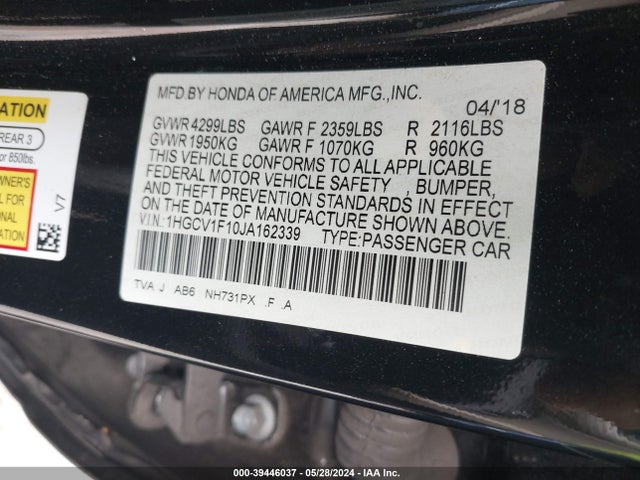 Honda ACCORD LX 2018 1HGCV1F10JA162339 Image 9