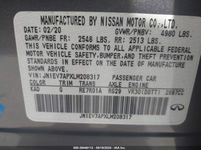 JN1EV7APXLM208317 Infiniti Q50 LUXE