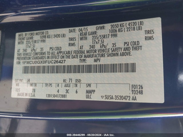 Ford ESCAPE SE 2015 1FMCU0GX0FUC26427 Image 9
