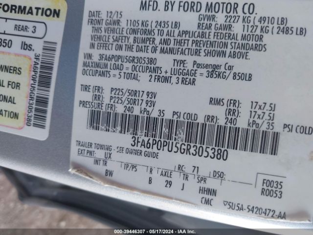 3FA6P0PU5GR305380 Ford Fusion Energi Se Luxury