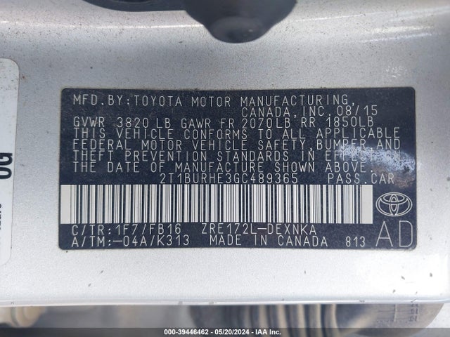 Toyota COROLLA LE 2016 2T1BURHE3GC489365 Image 9