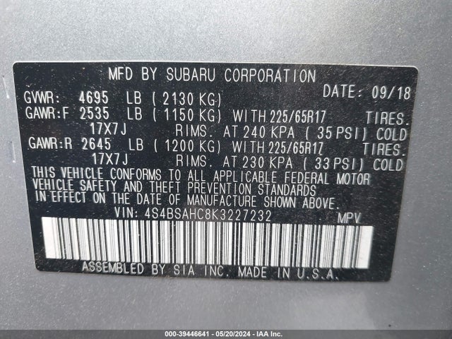 Subaru Outback 2.5i Premium 2019 4S4BSAHC8K3227232 Image 9