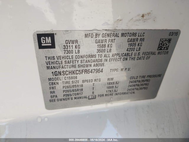 Chevrolet Suburban 1500 Ls 2015 1GNSCHKC5FR647964 Image 9