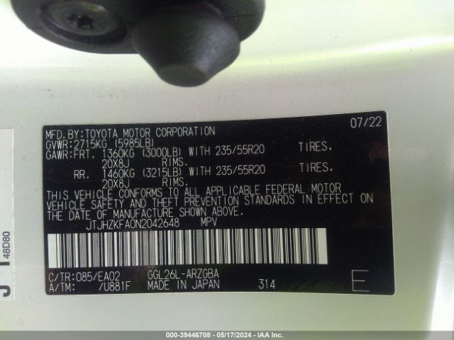 JTJHZKFA0N2042648 Lexus Rx 350l