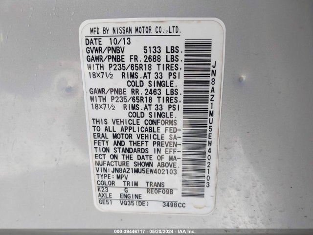 Nissan MURANO SV 2014 JN8AZ1MU5EW402103 Image 9
