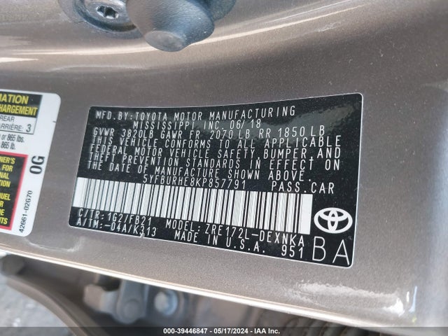 Toyota COROLLA LE 2019 5YFBURHE8KP857791 Image 9