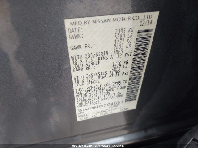 Nissan MURANO SL 2015 5N1AZ2MH4FN204863 Image 9