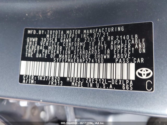 Toyota COROLLA LE 2022 5YFEPMAE8NP274160 Image 9