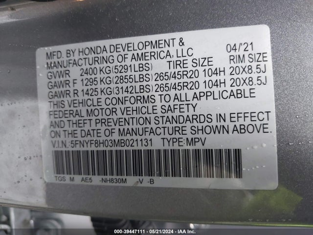 Honda Passport Awd Elite 2021 5FNYF8H03MB021131 Image 9