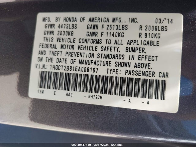 Honda Accord Ex-l V-6 2014 1HGCT2B81EA006167 Image 9