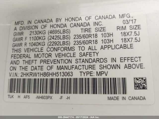 2HKRW1H86HH513063 Honda Cr-v Ex-l/ex-l Navi
