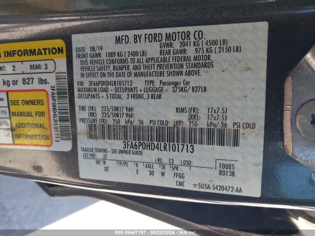 Ford FUSION SE 2020 3FA6P0HD4LR101713 Image 9