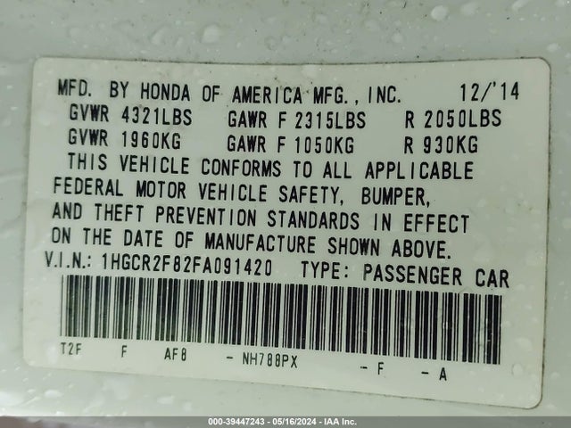 Honda Accord Ex-l 2015 1HGCR2F82FA091420 Image 9