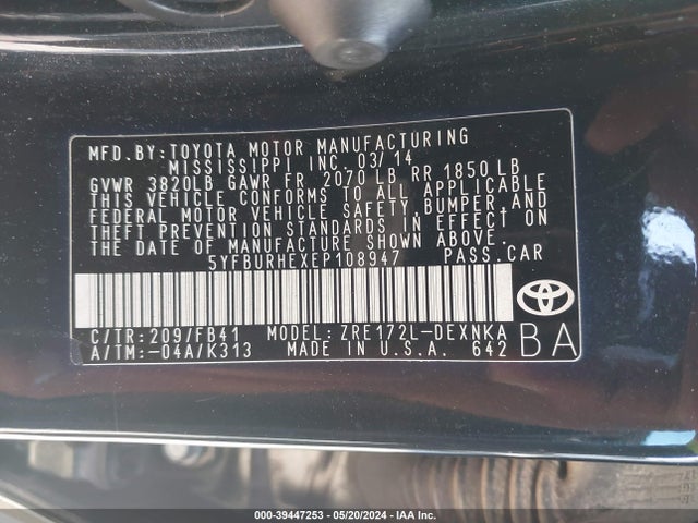 Toyota COROLLA LE 2014 5YFBURHEXEP108947 Image 9
