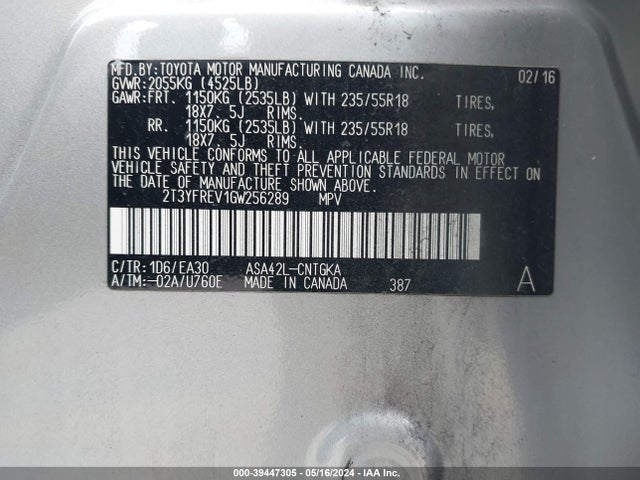 Toyota Rav4 Limited 2016 2T3YFREV1GW256289 Image 9