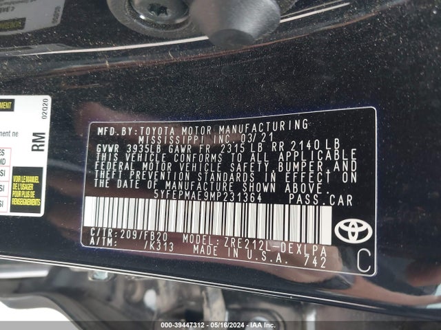 Toyota COROLLA LE 2021 5YFEPMAE9MP231364 Image 9