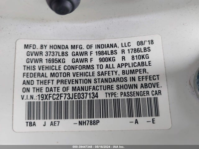 Honda CIVIC EX 2018 19XFC2F73JE037134 Image 9