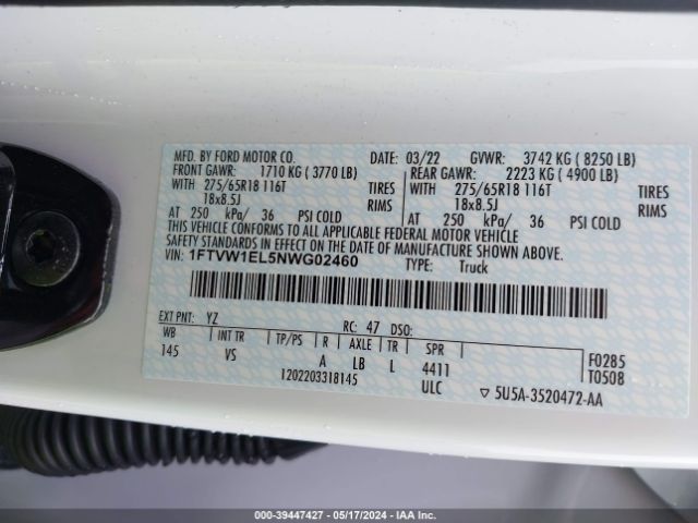 1FTVW1EL5NWG02460 Ford F-150 Lightning Pro