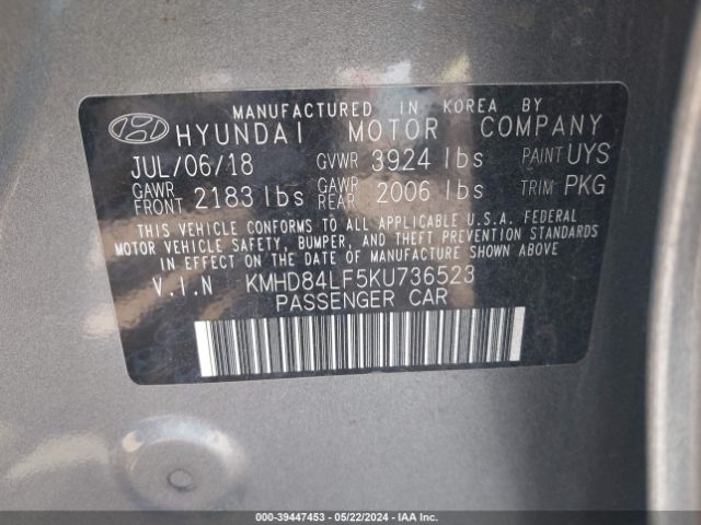 KMHD84LF5KU736523 Hyundai ELANTRA SEL