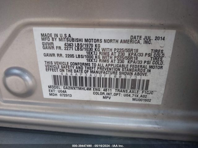 4A4AP3AU9FE003731 Mitsubishi Outlander Sport Es