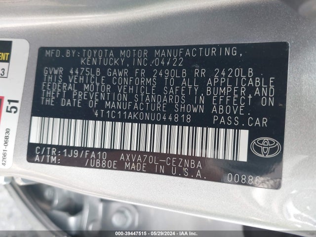 Toyota CAMRY LE 2022 4T1C11AK0NU044818 Image 9