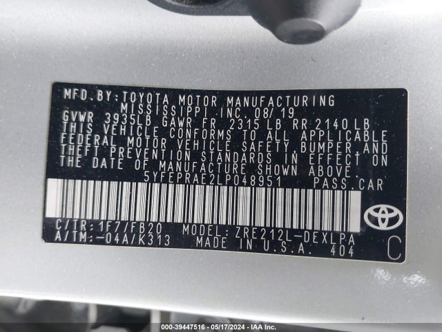 Toyota COROLLA LE 2020 5YFEPRAE2LP048951 Image 9