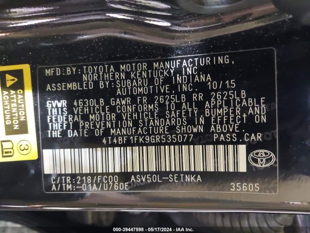 Toyota CAMRY LE 2016 4T4BF1FK9GR535077 Image 9