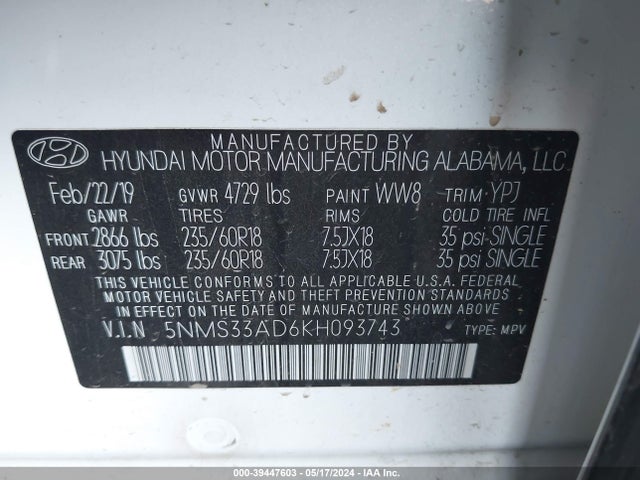 5NMS33AD6KH093743 Hyundai Santa Fe Sel Plus