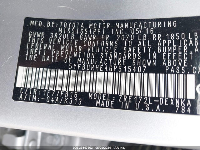 Toyota COROLLA LE 2016 5YFBURHE4GP515407 Image 9