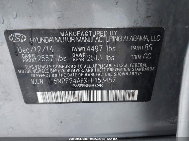 Hyundai SONATA SE 2015 5NPE24AFXFH153457 Image 9