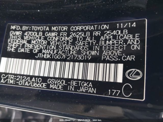 JTHBK1GG7F2173019 Lexus ES 350