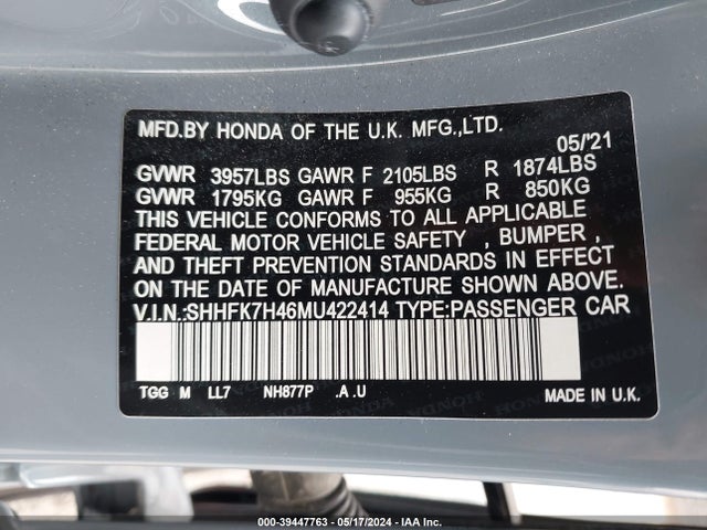 Продаж на аукціоні авто 2021 Honda Civic Sport, vin: SHHFK7H46MU422414, номер лоту: 39447763