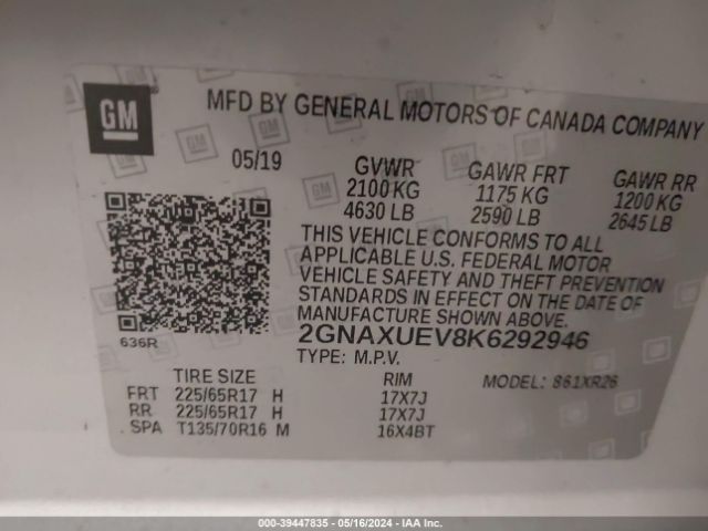 2GNAXUEV8K6292946 Chevrolet EQUINOX LT