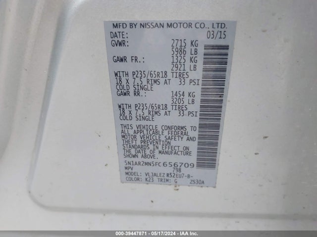 Nissan Pathfinder Platinum/s/sl/sv 2015 5N1AR2MN5FC656709 Image 9