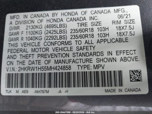 2HKRW1H55MH424858 Honda Cr-v 2wd Ex