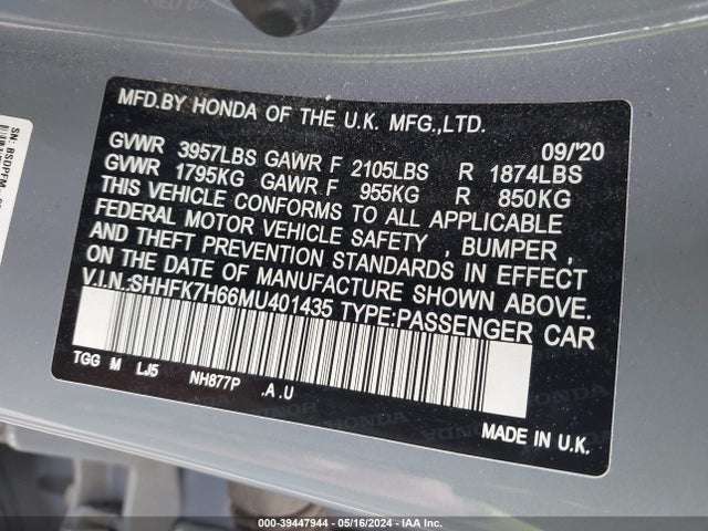 Honda CIVIC EX 2021 SHHFK7H66MU401435 Image 9