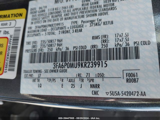 3FA6P0MU9KR239915 Ford Fusion Hybrid Sel